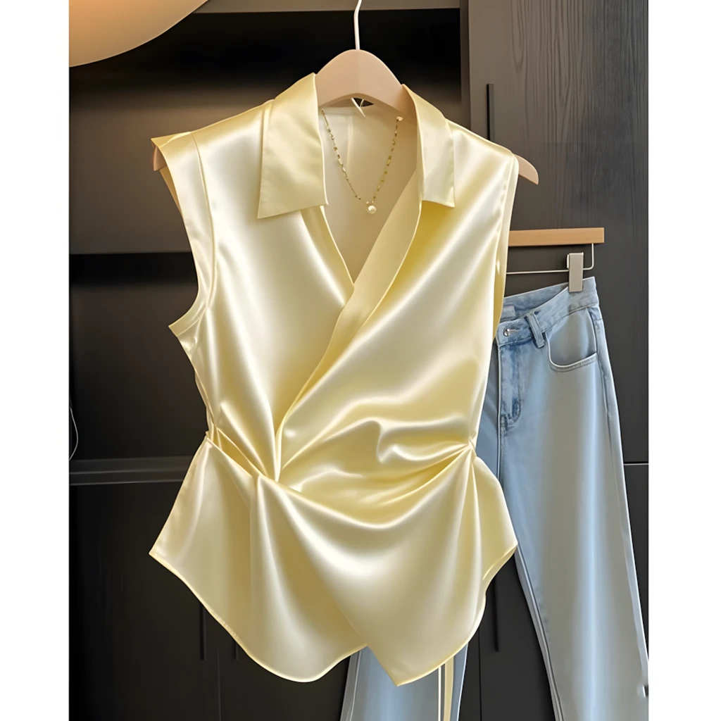 气质缎面收腰无袖衬衫女2025夏季新款设计感收腰显瘦时尚背心上衣