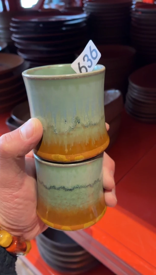 瓷片J*636远山竹节杯2个