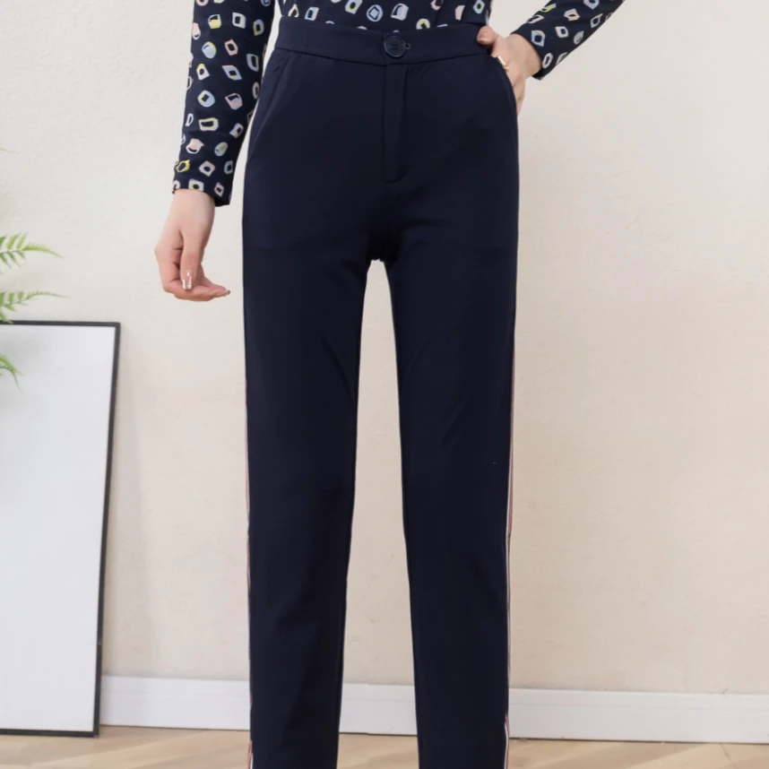 EX13028 春夏新款高腰松紧天丝弹力休闲直筒女裤九分裤裤 92-97cm