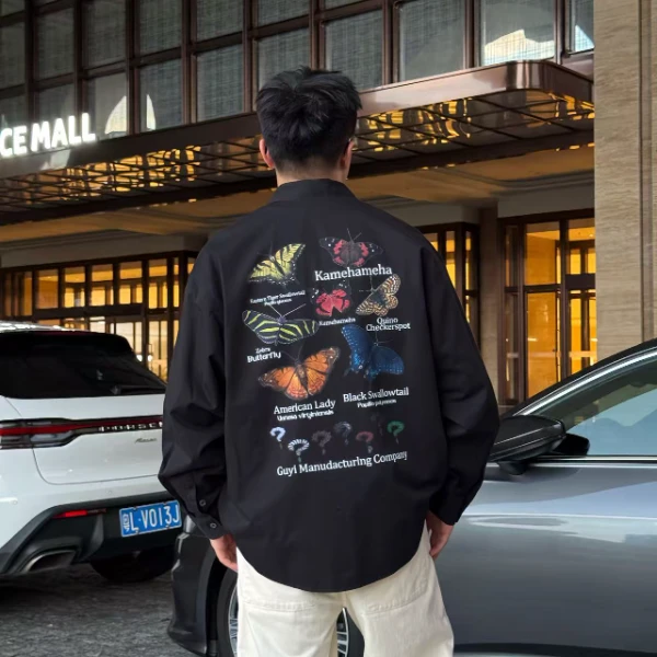 秋季男士纯棉长袖印花蝴蝶字母外套衬衫对襟