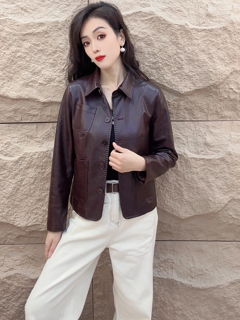 yipinyuxi/依品羽茜海宁正品2025春秋新款休闲气质皮衣外套女