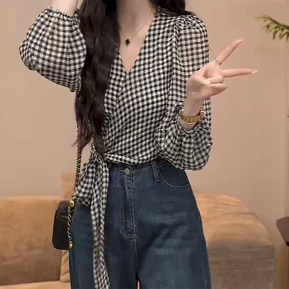 【竹摇碎影】高级感绑带收腰长袖格子衬衫女秋季C5862