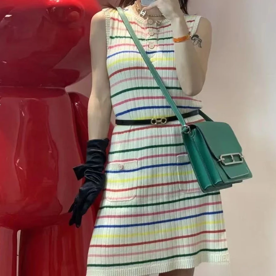 99新 Chanel/香奈儿 针织彩色条纹无袖针织连衣裙 34码
