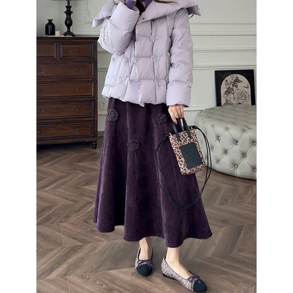 深紫色灯芯绒立体花朵盘花半身裙女秋季新款时尚高腰遮胯A字长裙
