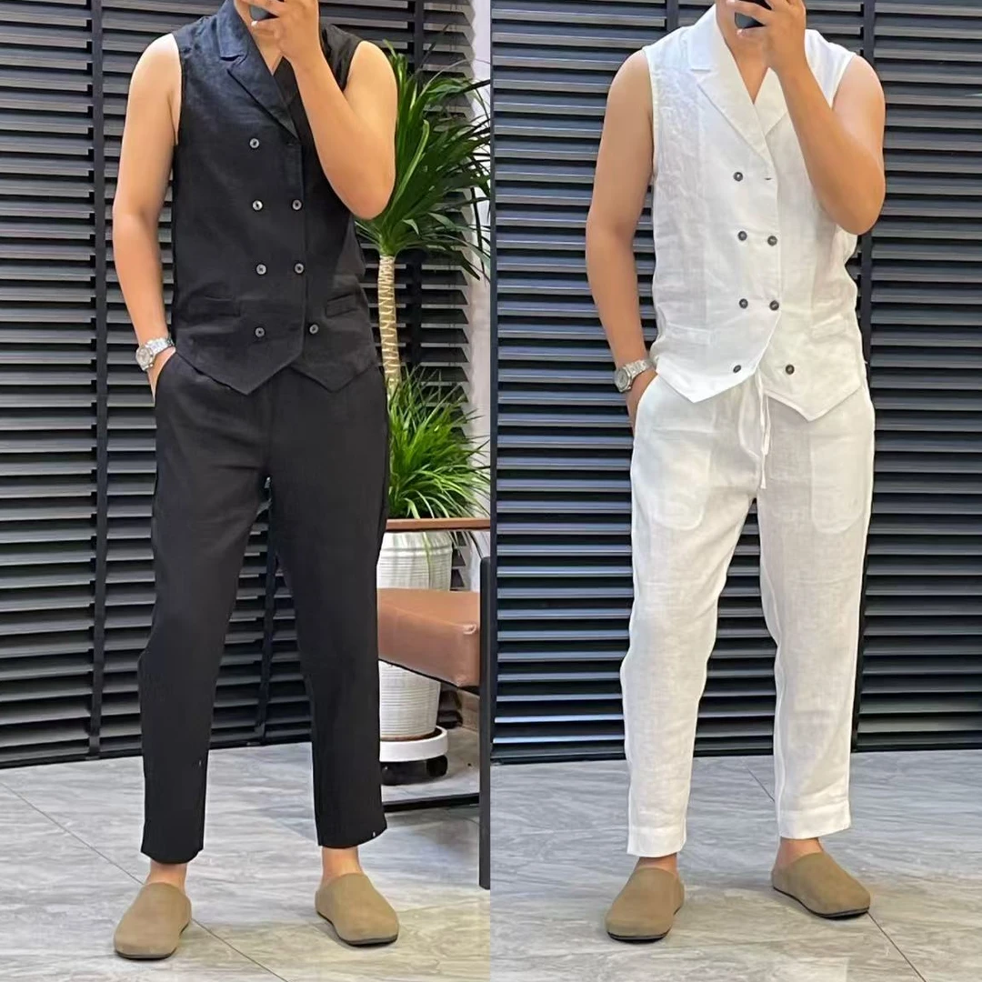 张先生欧货•0010夏季男士时尚休闲潮流100%麻百搭九分裤马甲套装