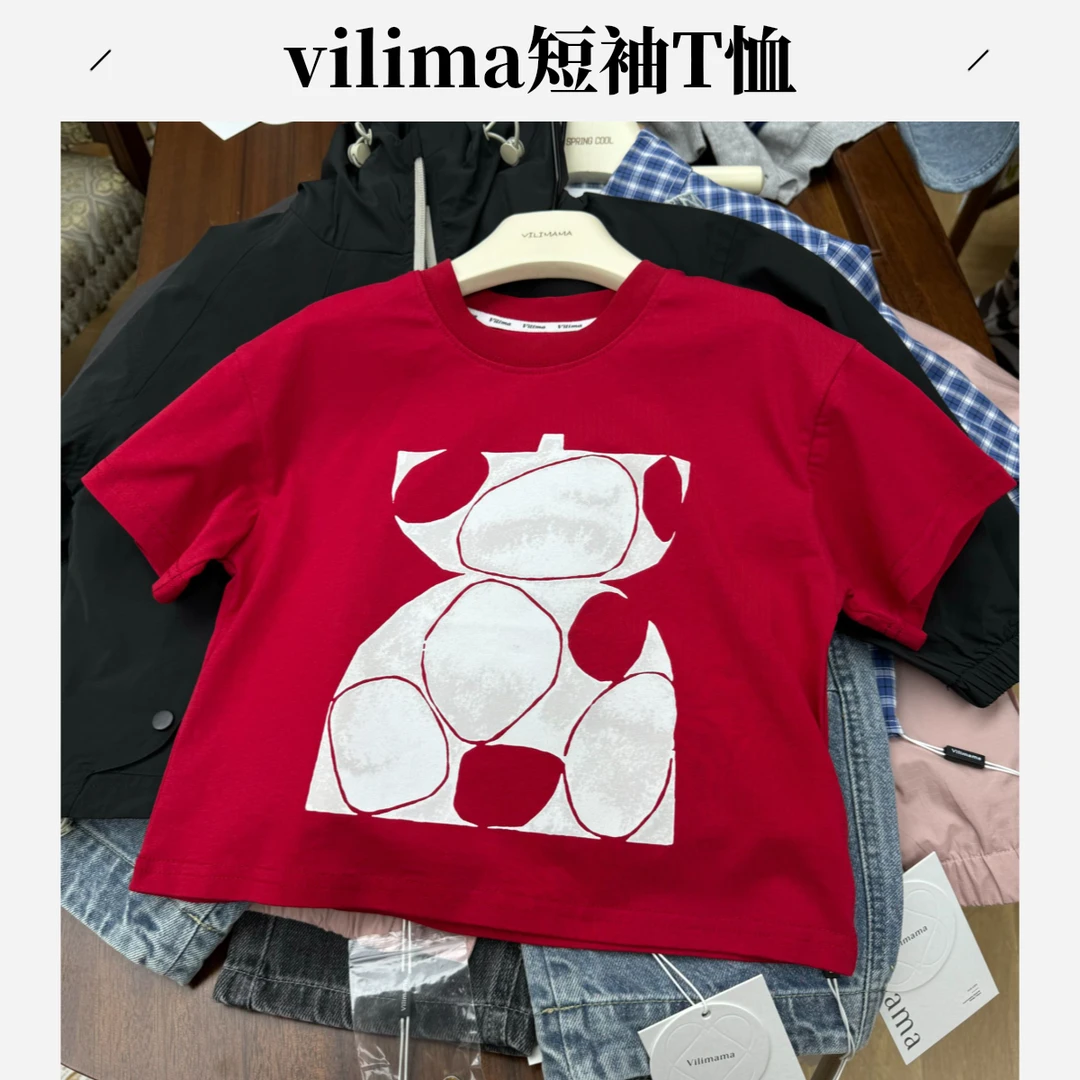 vilimama2025夏款红色印花图案短袖T恤V55386