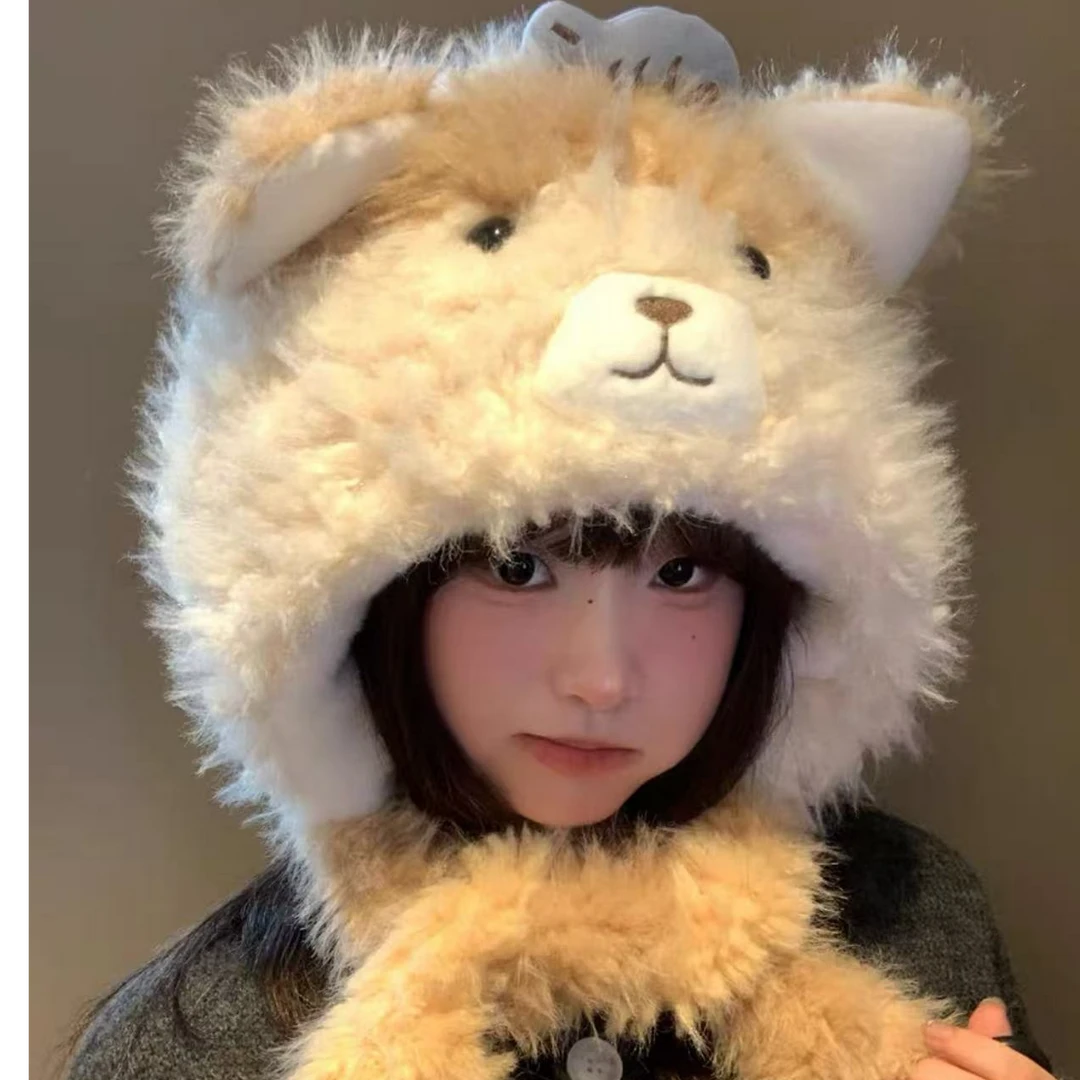 动耳三花猫可爱学生百搭拼色冬季毛绒帽子防风抗寒骑车显脸小加厚