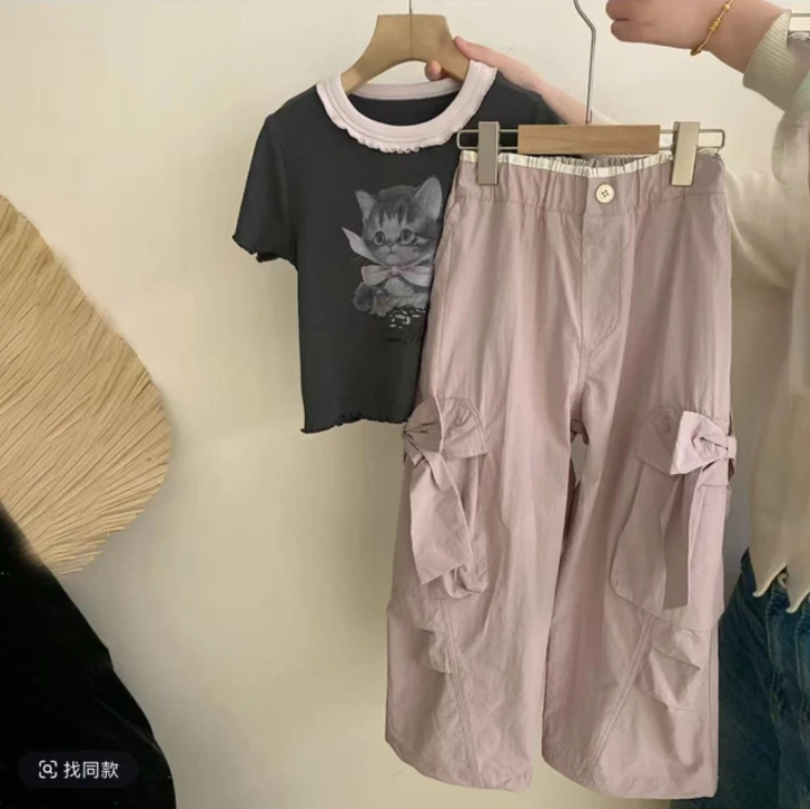 PP105-女童猫咪工装裤套装
