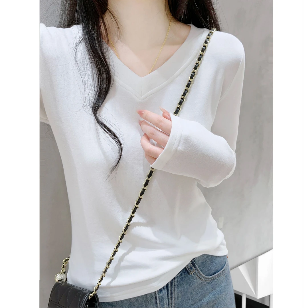 基础款内搭打底衫女秋冬修身显瘦简约韩系V领长袖白色T恤正肩上衣