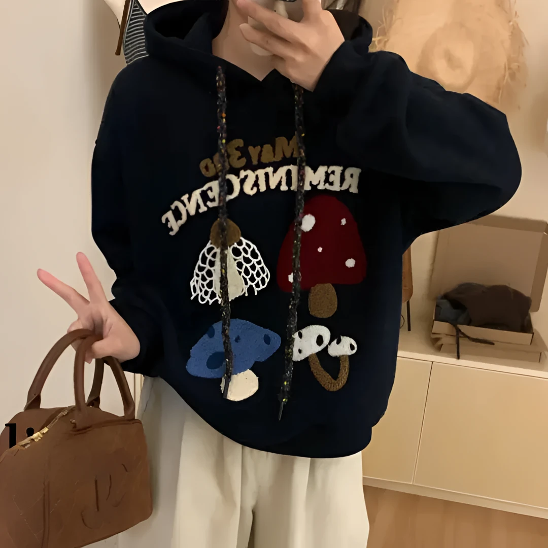 (现货)冬季加绒加厚蘑菇刺绣连帽百搭秋冬韩版慵懒风减龄针织卫衣