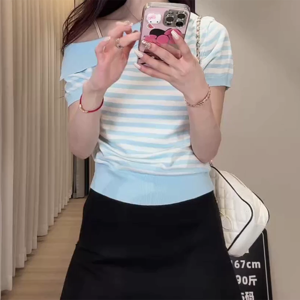 夏季新款纯欲风气质纯色设计减龄简约百搭休闲条纹上衣