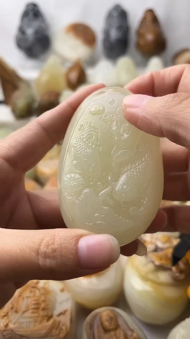 石材古青石棉纹正常不退换荷花鱼微瑕