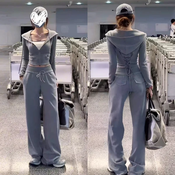 韩系后背绑绳收腰连帽拉链开衫卫衣外套+松紧腰显瘦休闲卫裤套装