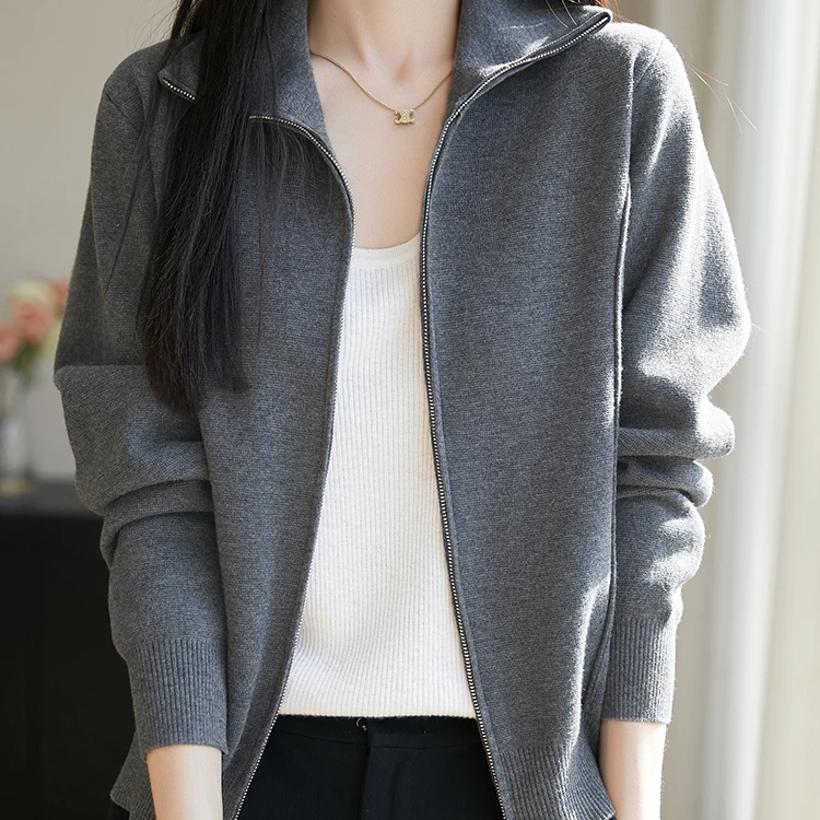 Mandsibil曼德西比利双拉链立领针织开衫外套女士外搭毛衣2025年