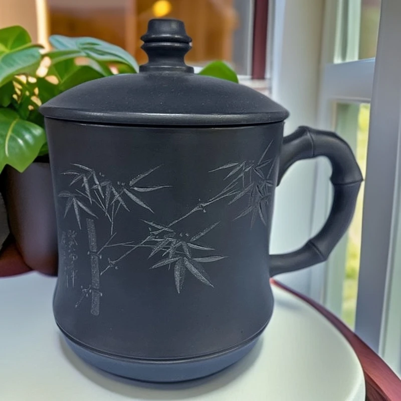 原矿紫砂石黄大容量竹子盖杯