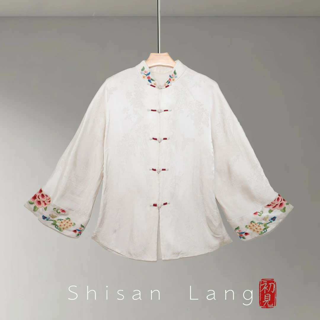 【十三郎】『有钱花』2025年春季新款提花刺绣中襟衬衫250795新