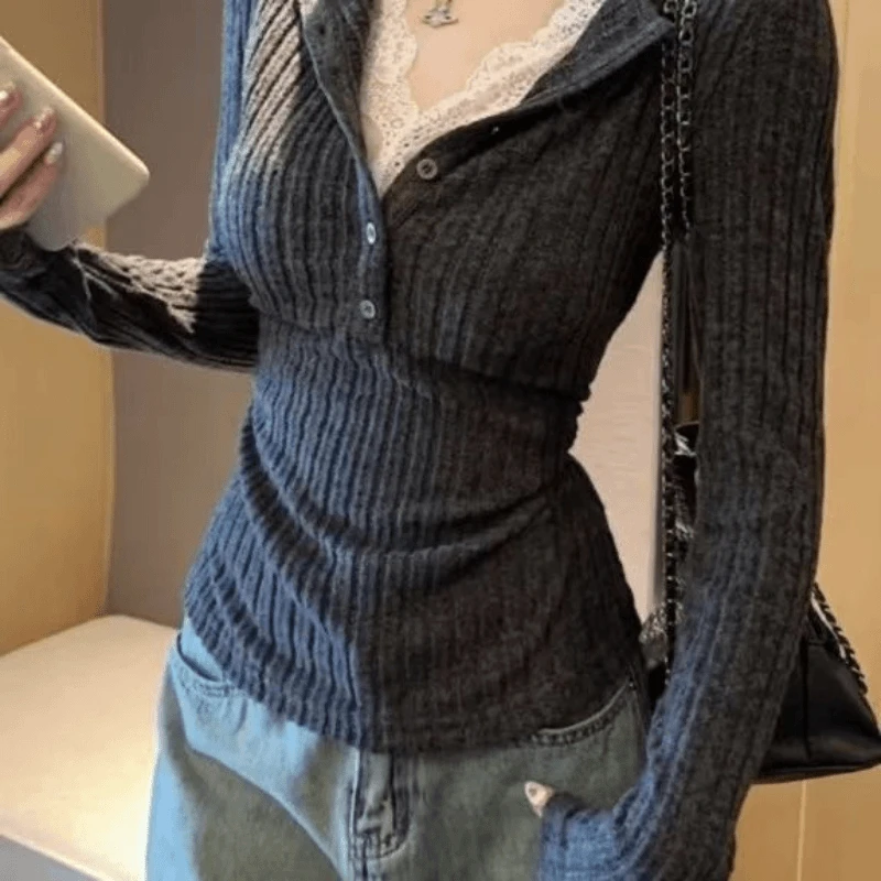 2025新款炸街V领上衣女蕾丝假两件针织衫春秋百搭小众修长袖辉