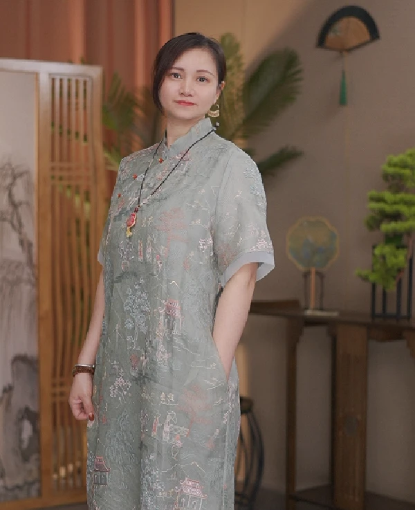 【墨染】100%桑蚕丝刺绣亭台楼阁女士夏季长款连衣裙