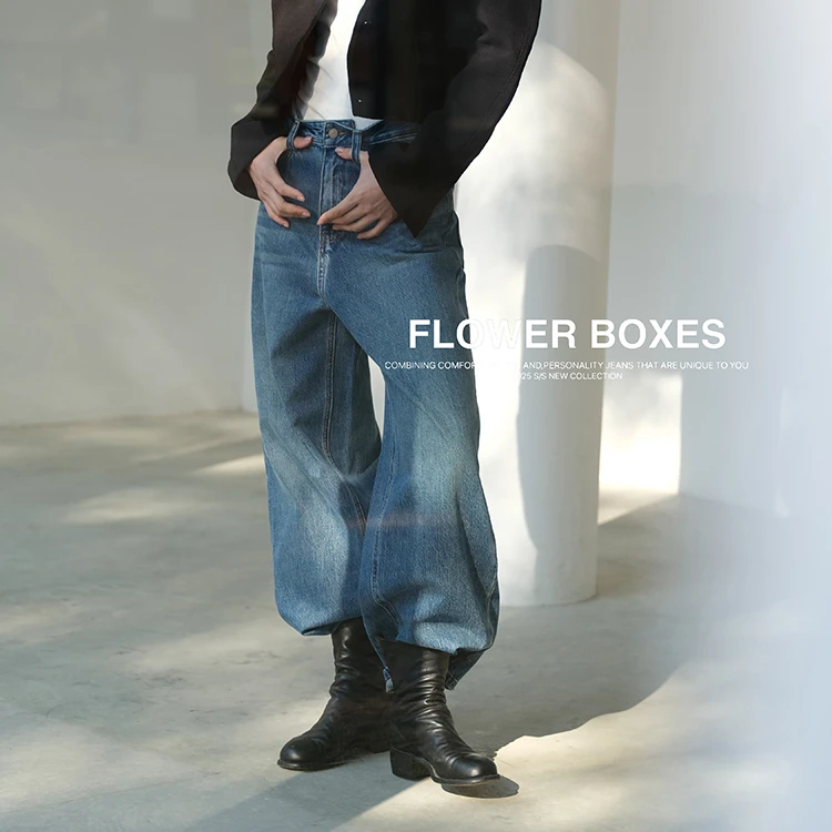花匣子牛仔裤503790宽松蓝色弯刀裤flower2025春款高腰阔腿老爹裤