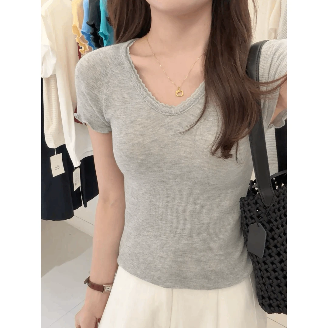 997#『敲推荐的！』韩系简约甜美花边纯色短袖T恤（福利）