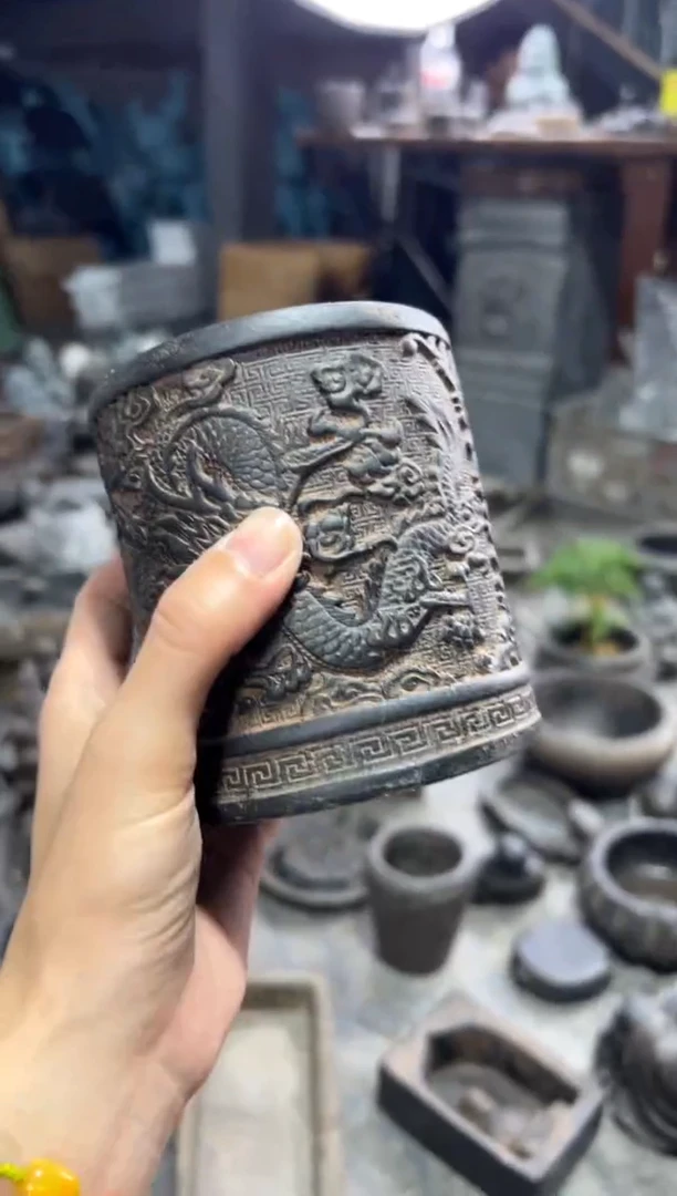 陶土【火山泥】双龙笔筒