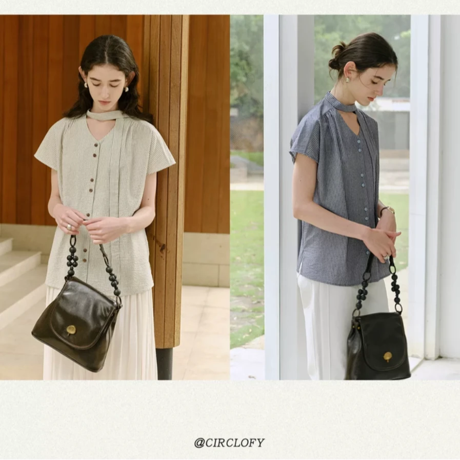 CIRCLOFY瑟夕 经典法式复古百搭休闲撞色条纹系带圆领短袖衬衫女