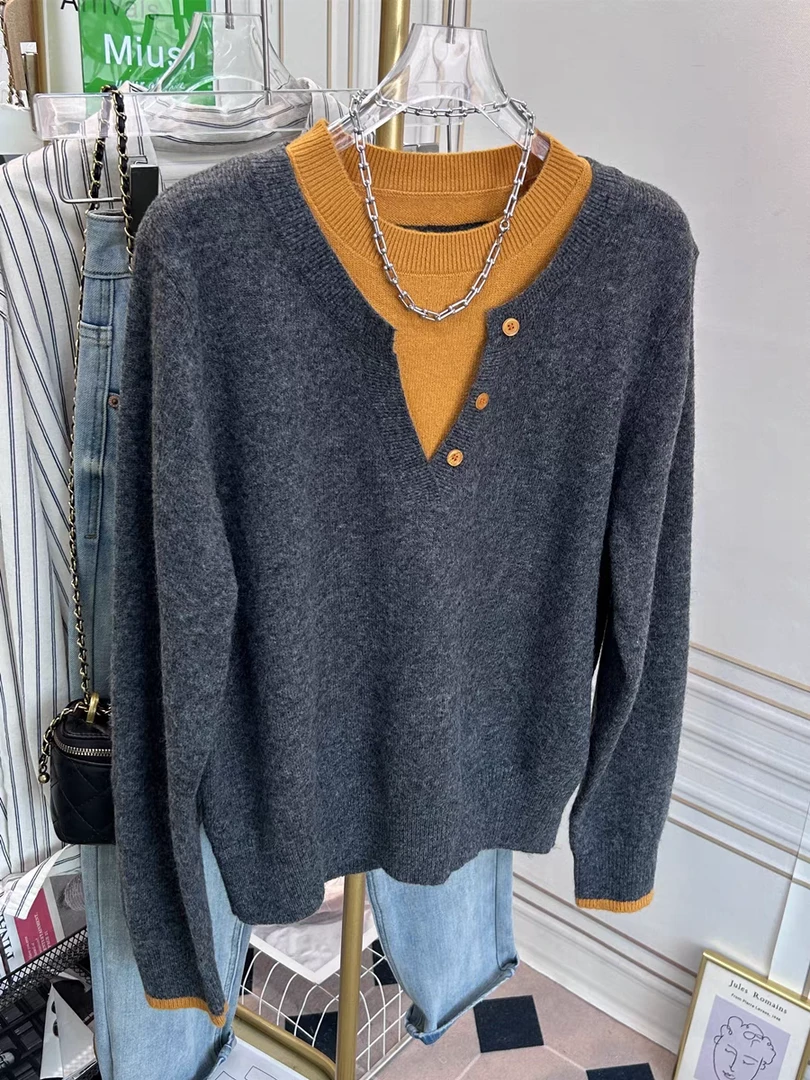 玲姐定制-灰色假两件宽松半开扣正肩针织毛衣280356