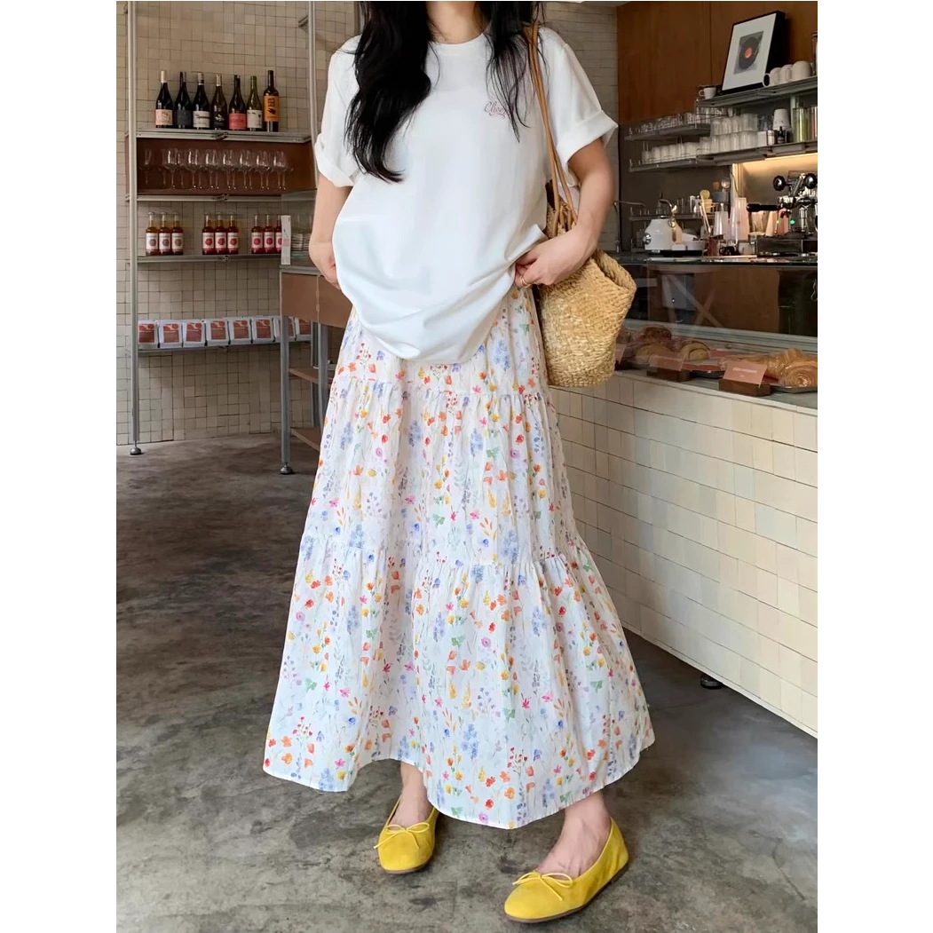 韩系甜美松紧腰碎花大摆a字裙高腰显瘦新款春秋小清新中长半身裙