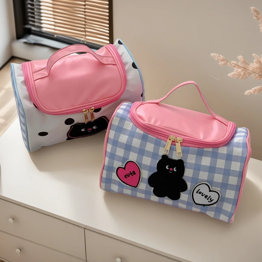 黑猫格子化妆包便携大容量居家随身洗漱携带新款旅游手提收纳包女