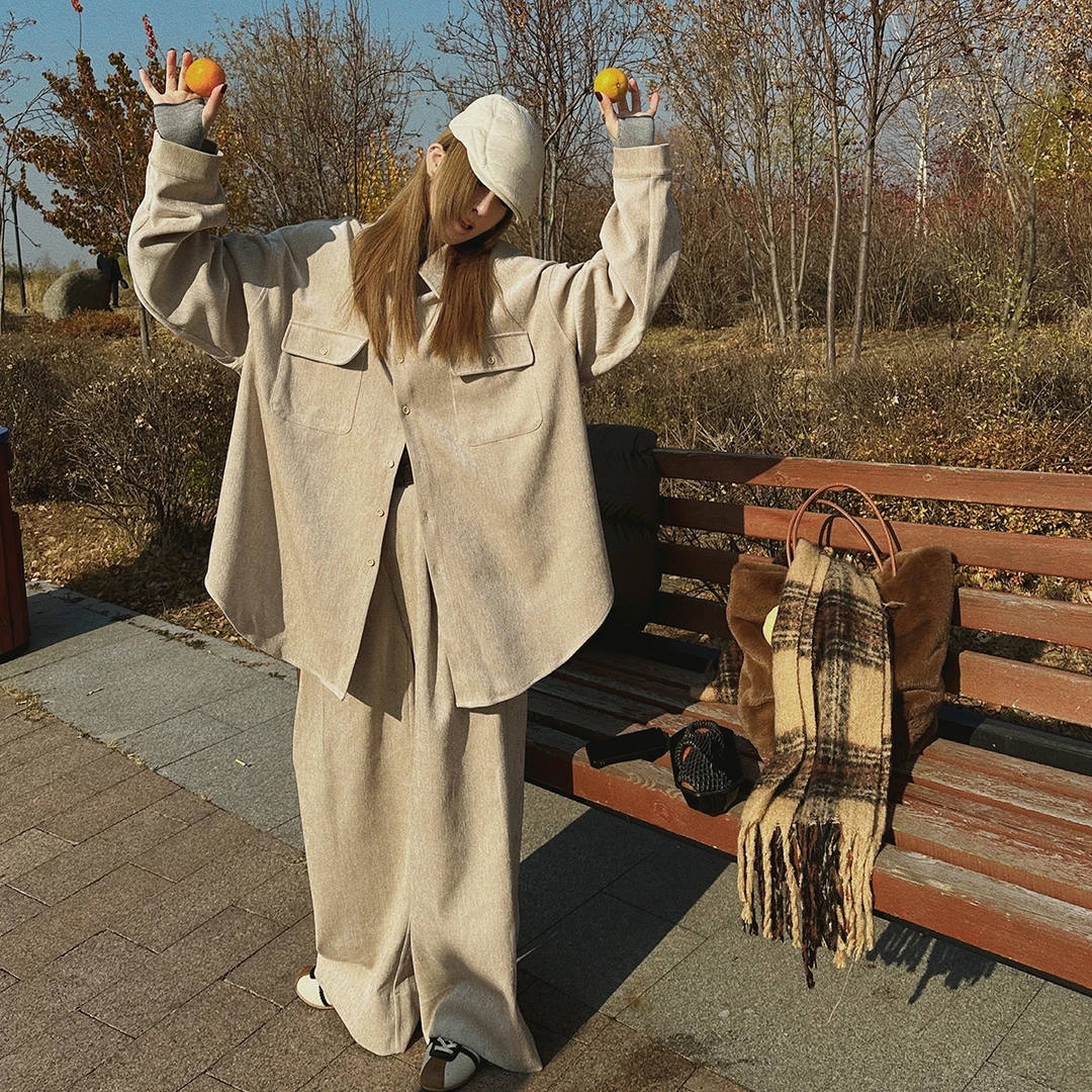 慵懒老钱休闲风时尚套装潮流复古日系宽松百搭长袖衬衫长裤两件套