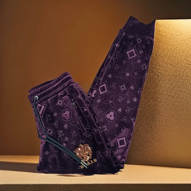 008冬款男士休闲裤金丝绒紫色刺绣加绒加厚保暖百搭松紧束脚长裤