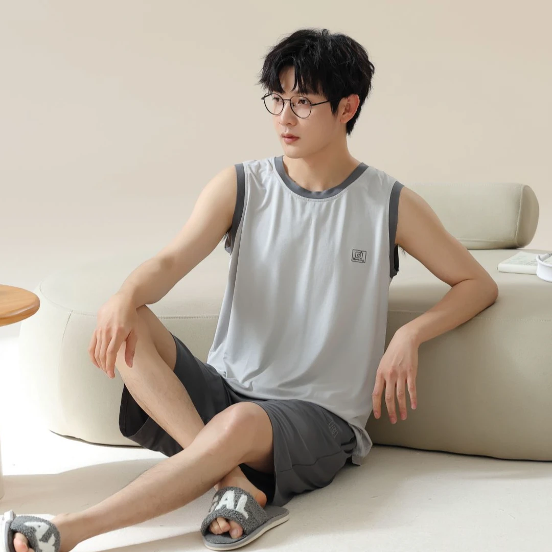 夏天莫代尔男士背心睡衣短裤夏季冰丝大码简约可外穿家居服套装