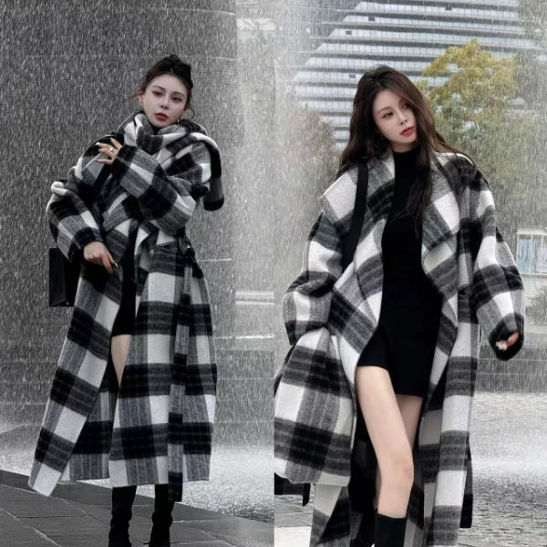 WT22依美丁时尚韩版气质格子长款羊毛羊驼绒大衣【带围巾】