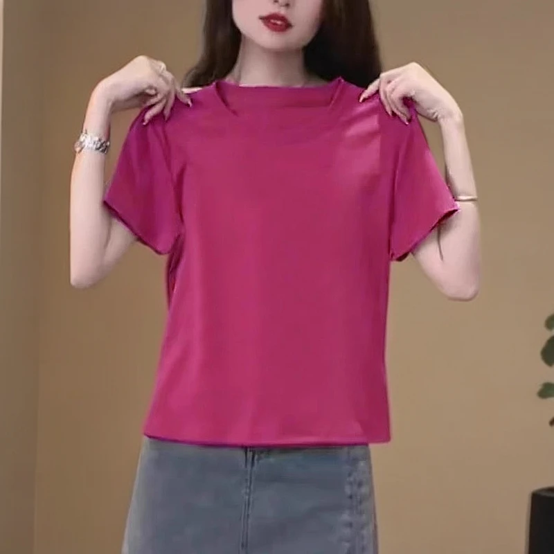 玫红色正肩短袖t恤女2025夏季新款小个子短款独特别致超好看上衣