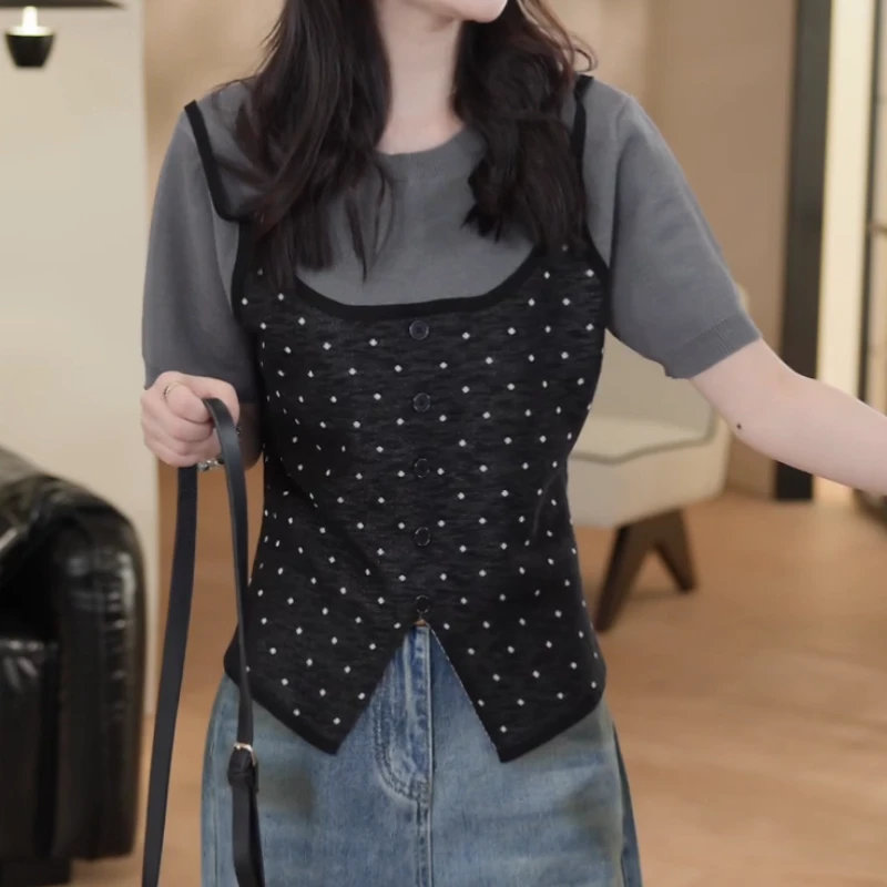 2025春夏新款气质波点百搭显瘦假两件休闲上衣LK2502795