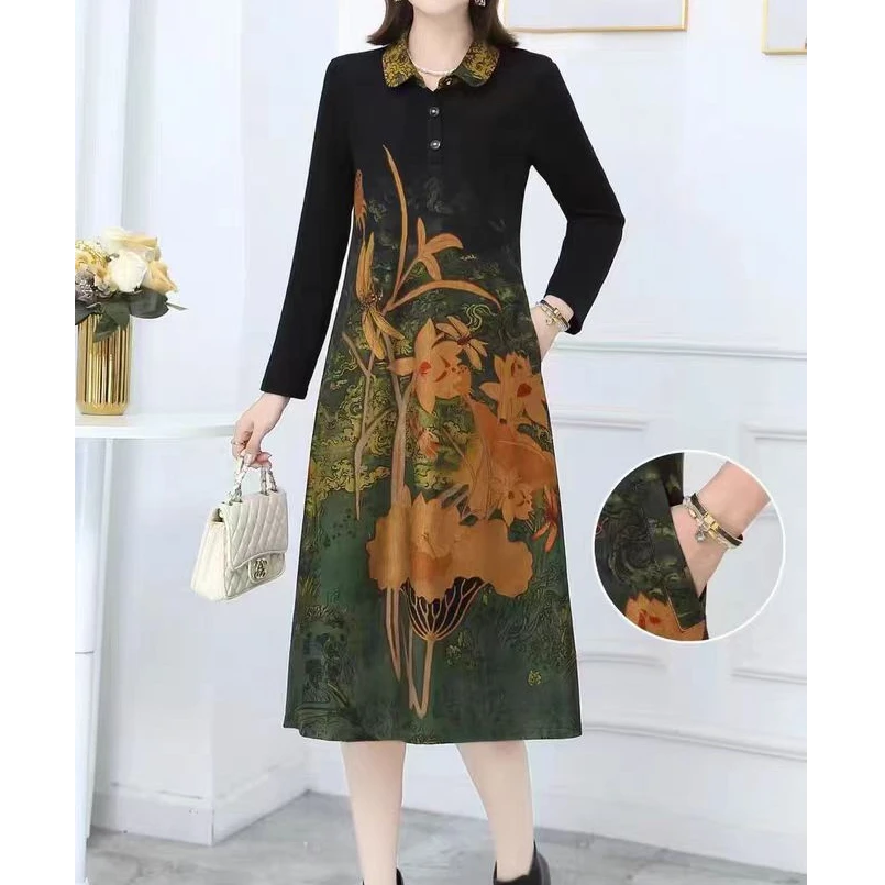 X0287 春季洋气时尚显瘦连衣裙修身女休闲长袖气质大花翻领裙子