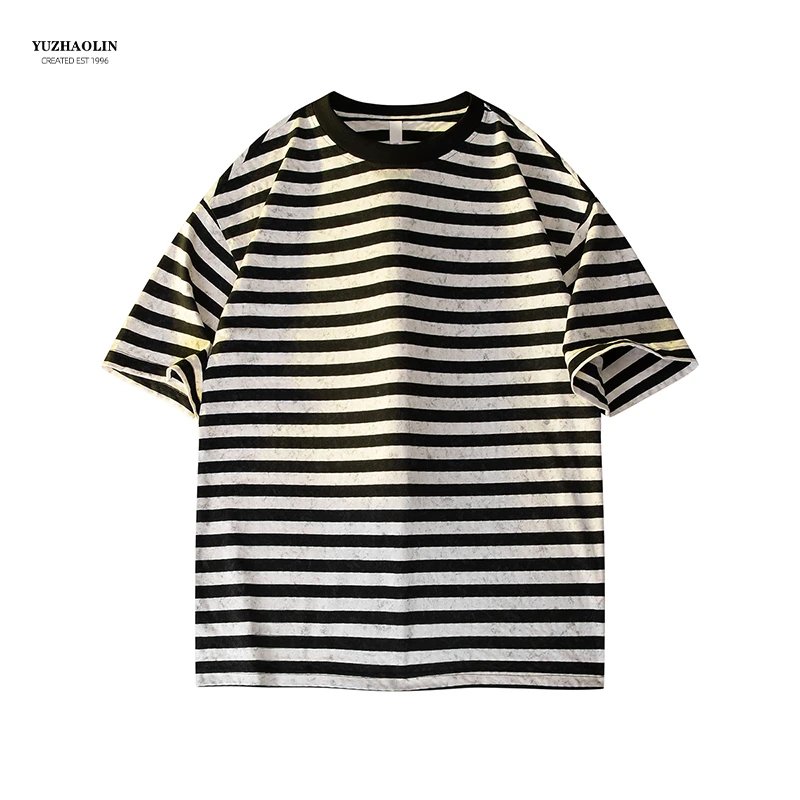 夏季潮流ins百搭短袖t恤男士宽松透气条纹撞色拼接圆领体恤上衣