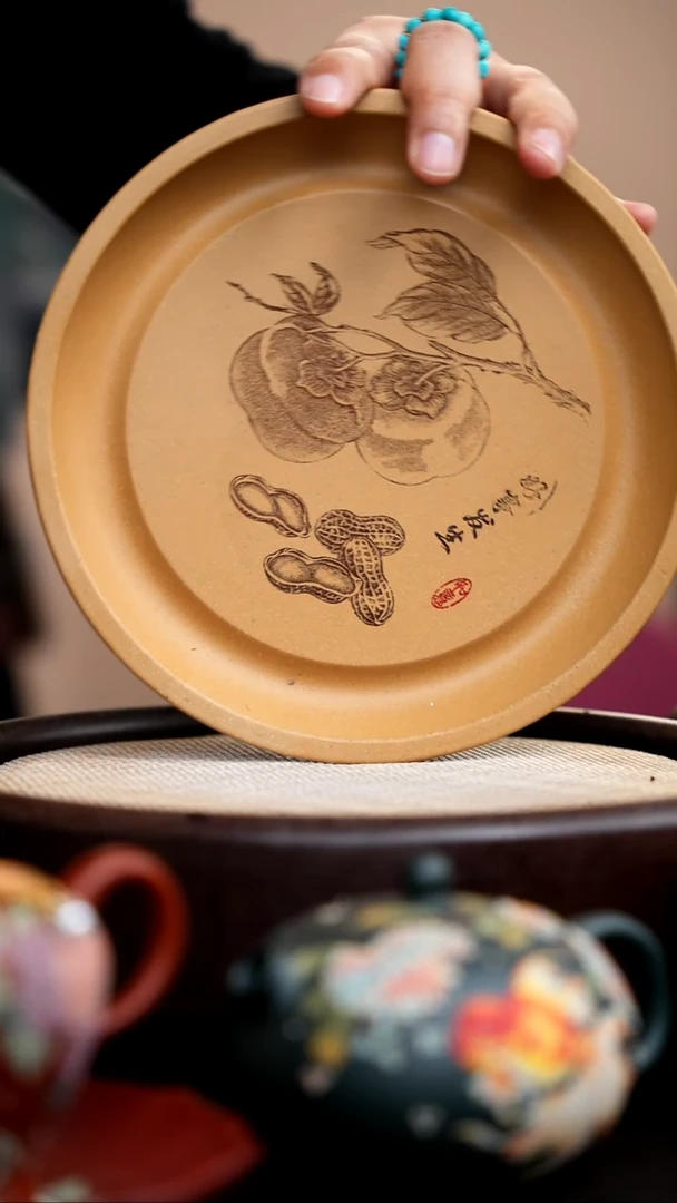 茶壶紫砂黄金段壶承刻柿子花生