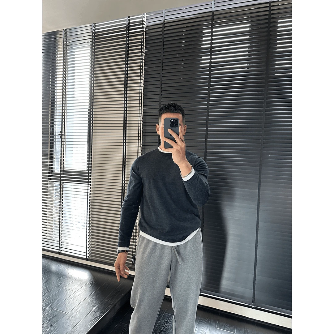 秋季百搭打底衫潮流针织衫圆领针织长袖男士潮牌商务休闲风针织衫