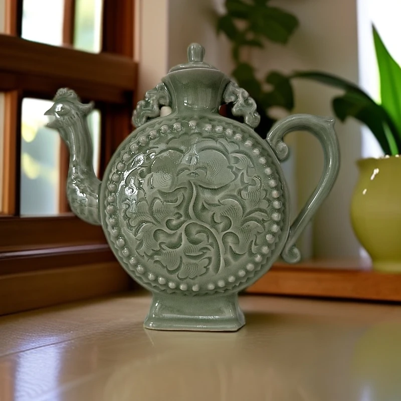 【观文荐瓷】450ml耀州窑手工秘色青瓷缠枝菊纹凤鸣壶酒壶老货