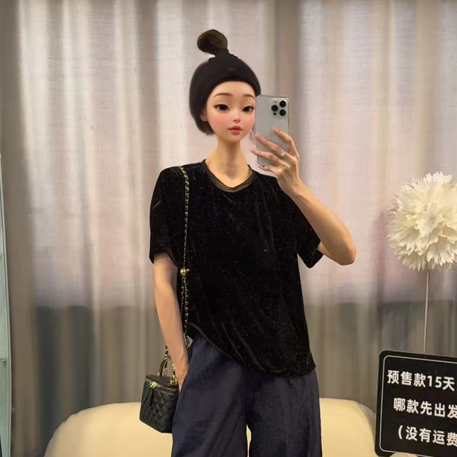 【文乐乐】春夏新款个性不规则底边时尚休闲潮流百搭丝绒T恤