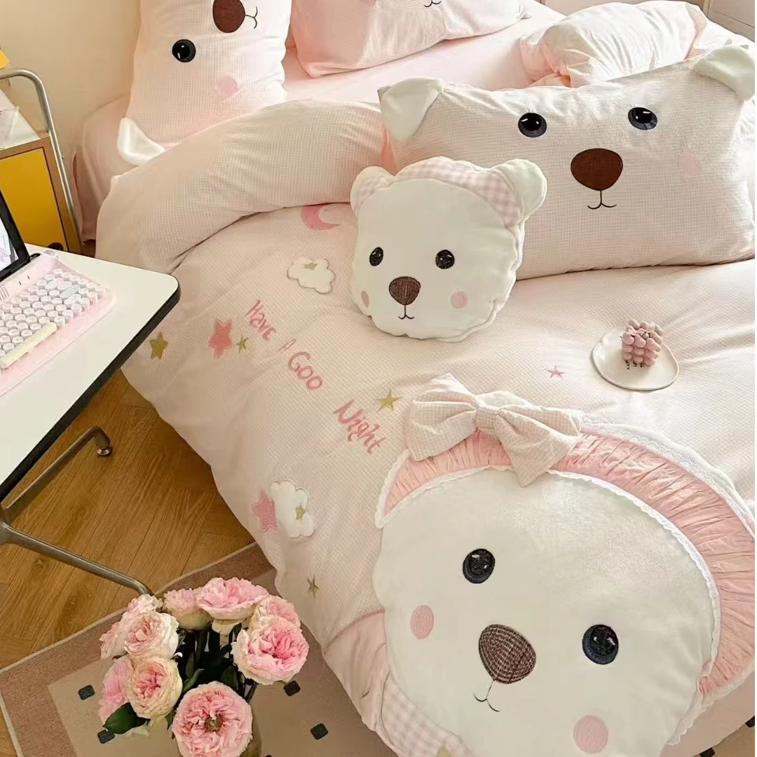 发箍熊 可爱少女心纯棉水洗棉四件套 加密超柔裸睡床单款卡通床品