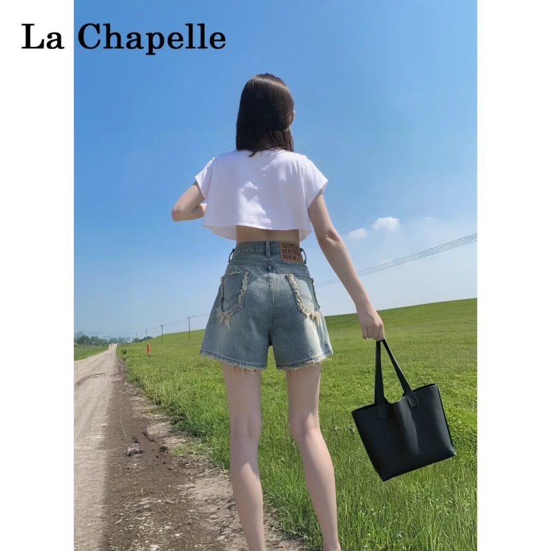 拉夏贝尔毛边牛仔短裤女夏季2025新款高腰显瘦设计感a字热裤外穿