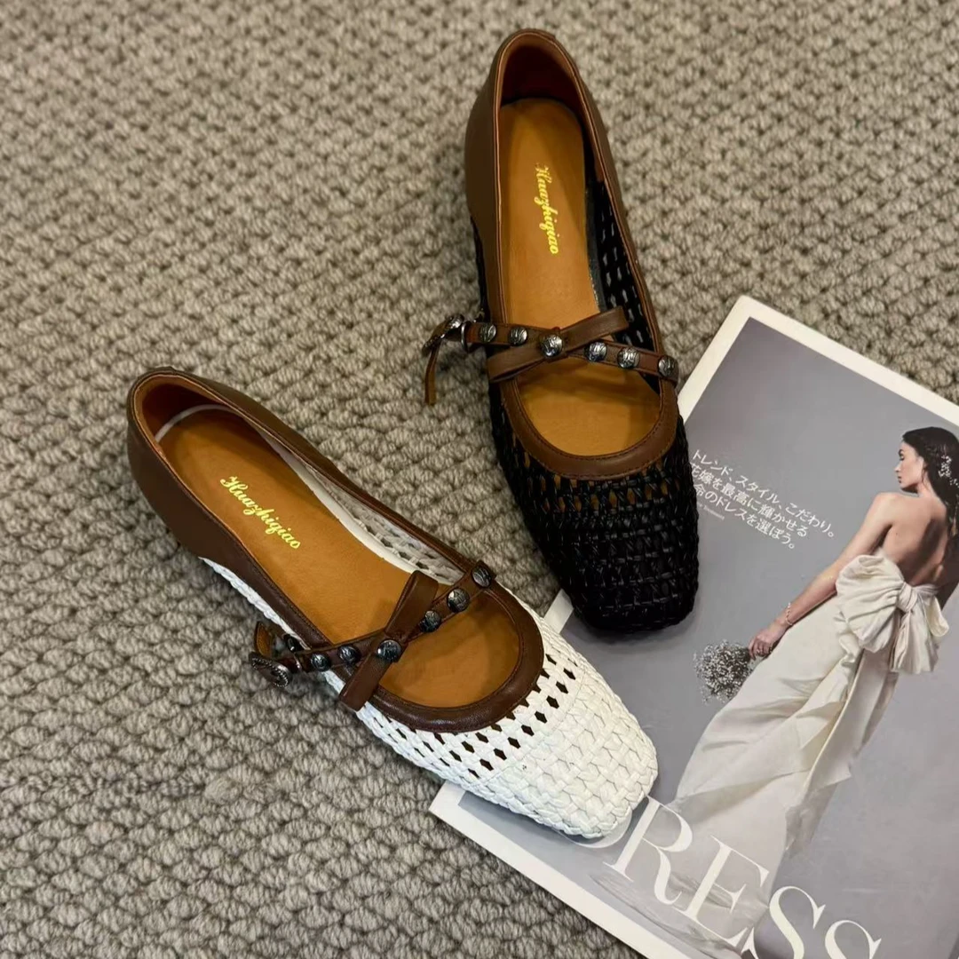 春夏单鞋时尚百搭软底复古方头浅口气质时尚百搭夏季软底低跟编织