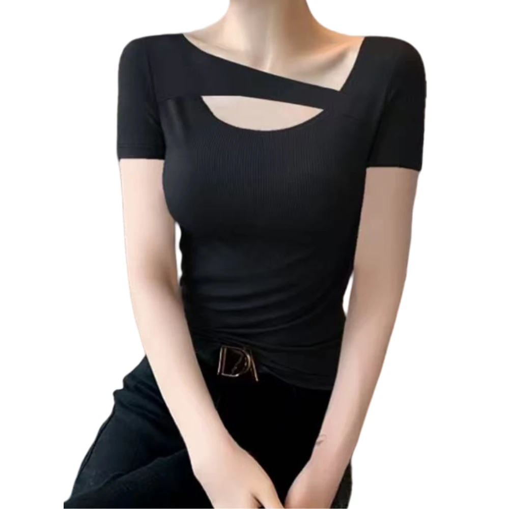 猪猪头家镂空独特短袖T恤女2025夏季新款显瘦正肩修身上衣