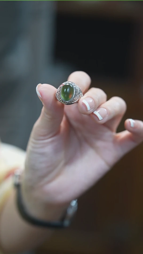银S925镶嵌岫玉戒指开口戒