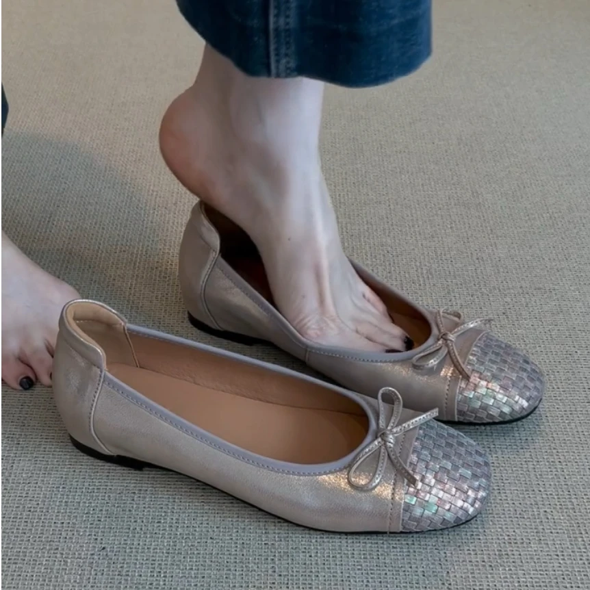 羊皮版~法式单鞋2025新款时尚百搭平底蝴蝶结奶奶鞋浅口玛丽珍鞋