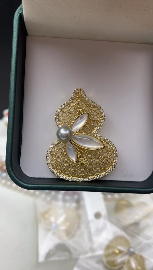 未镶嵌ff海水珍珠akoya灰珠胸针7~8mm