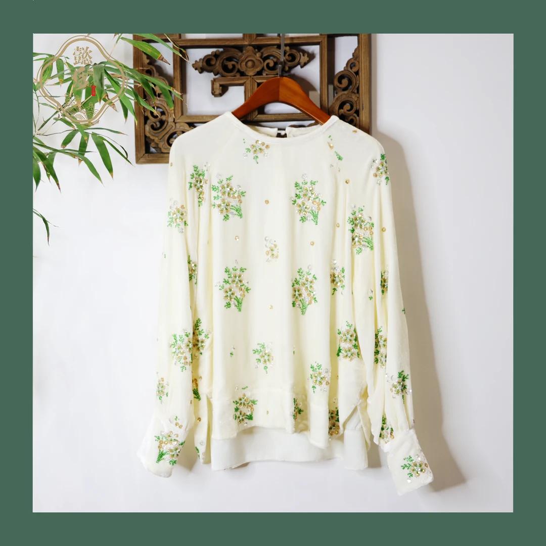 2025新款新中式100%真丝丝绒刺绣手工钉珠加亮片显瘦百搭长袖衬衫