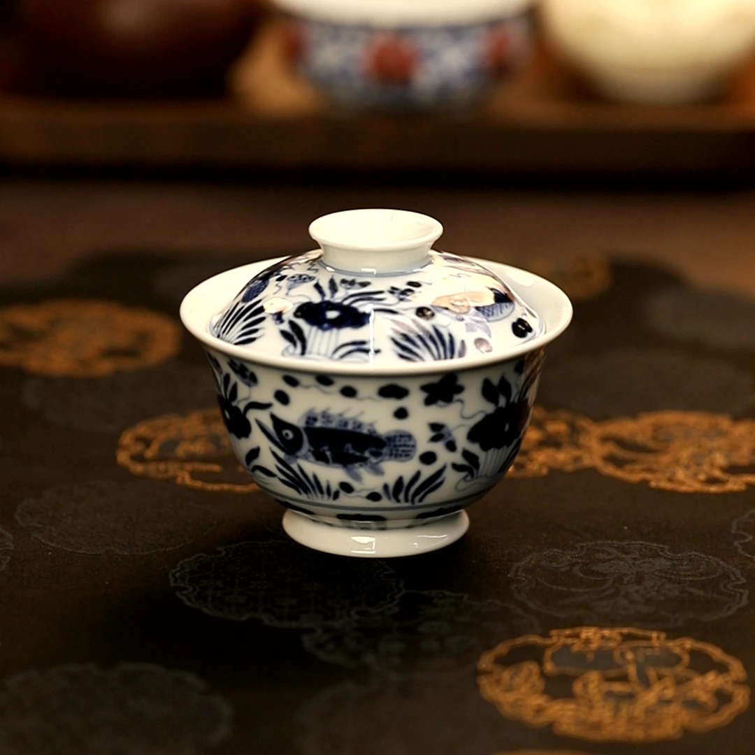 Q1002/陶瓷仿元青花鱼藻盖碗